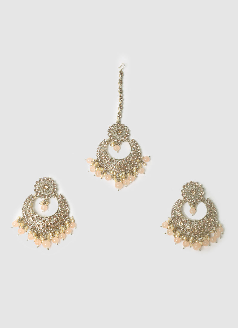 Womens Peach Drops Chandbali Style Earrings & Tikka Set
