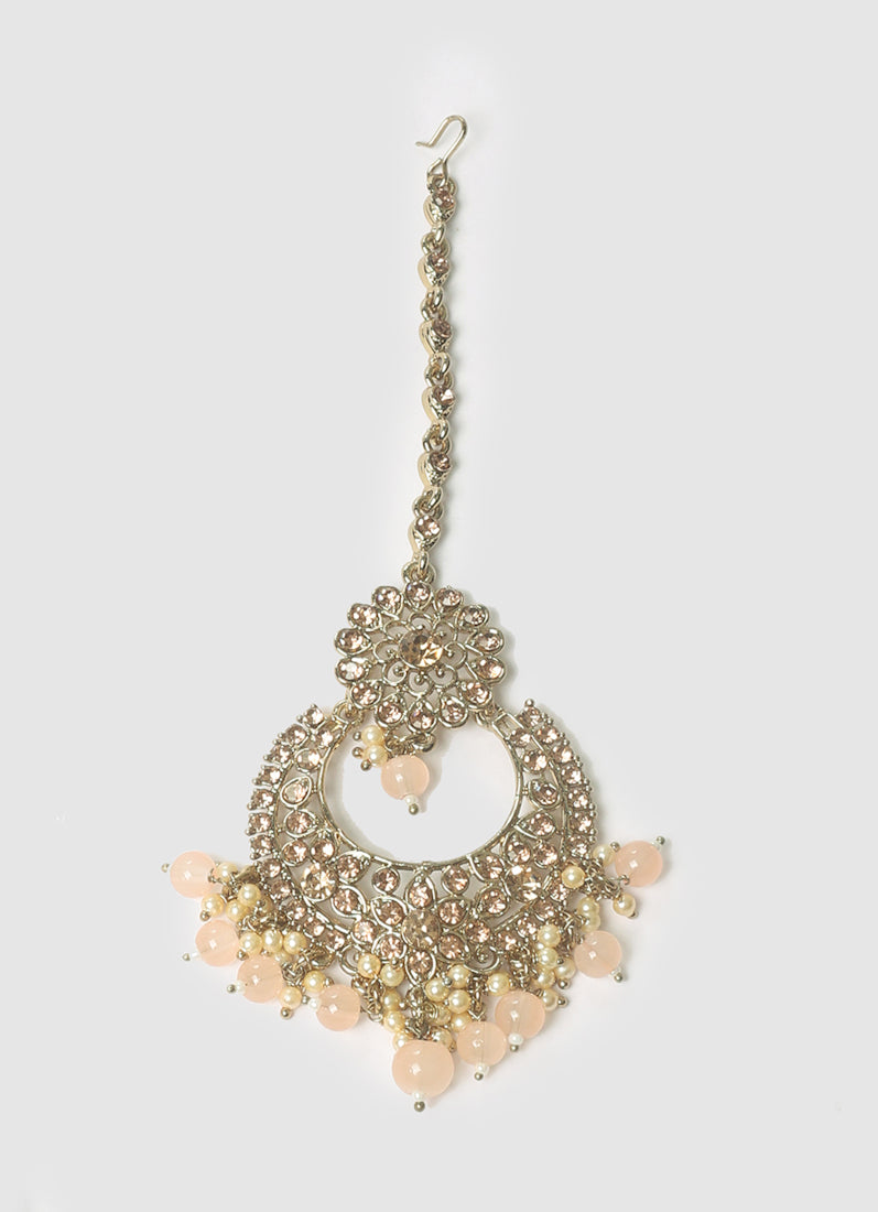 Womens Peach Drops Chandbali Style Earrings & Tikka Set