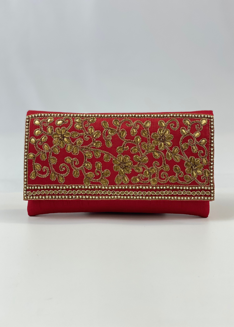 Red Silk Embroidered Handbag-Red