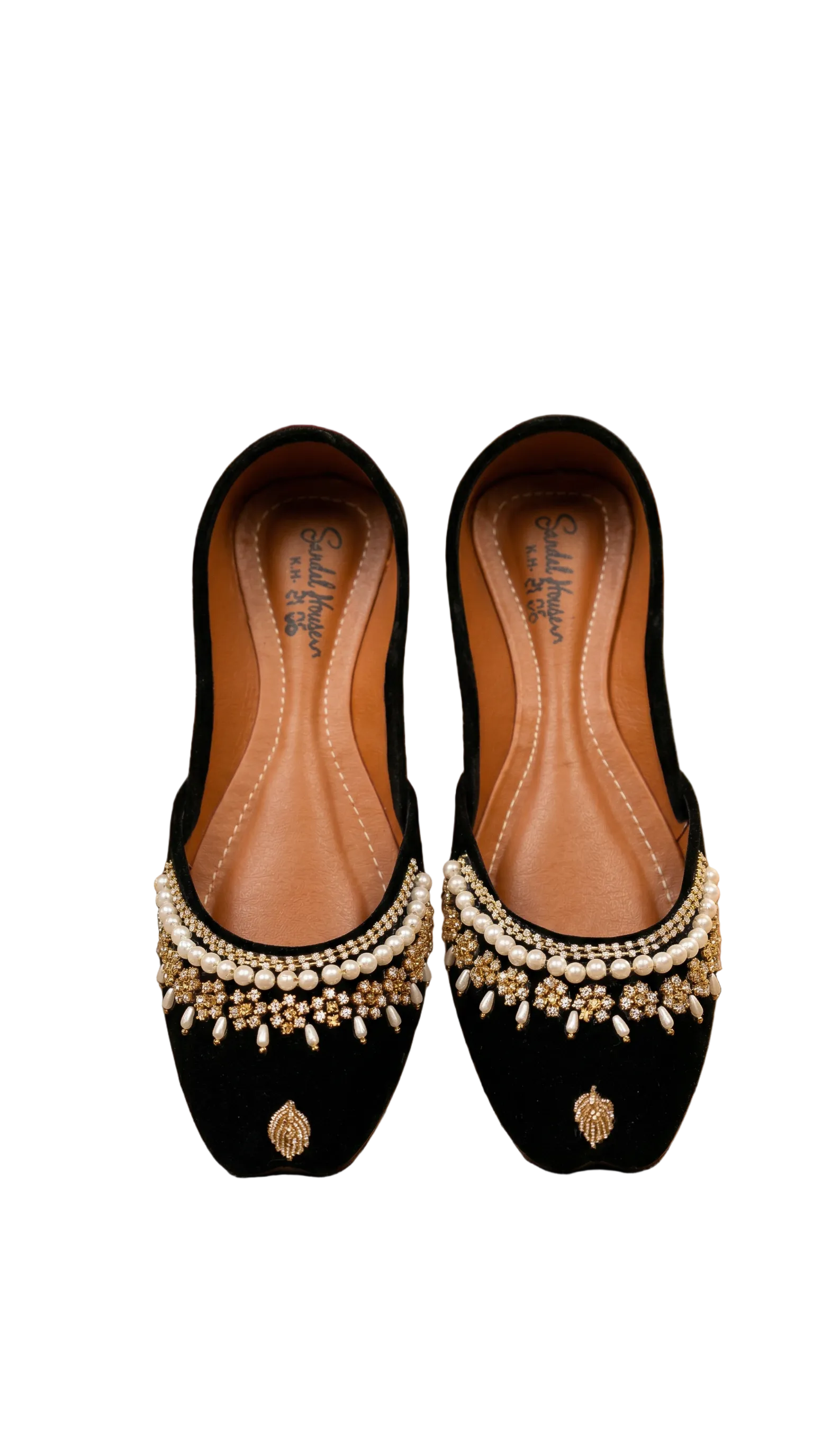 Elegant Handmade Black Velvet Punjabi Jutti - Pearl & Gold Diamante
