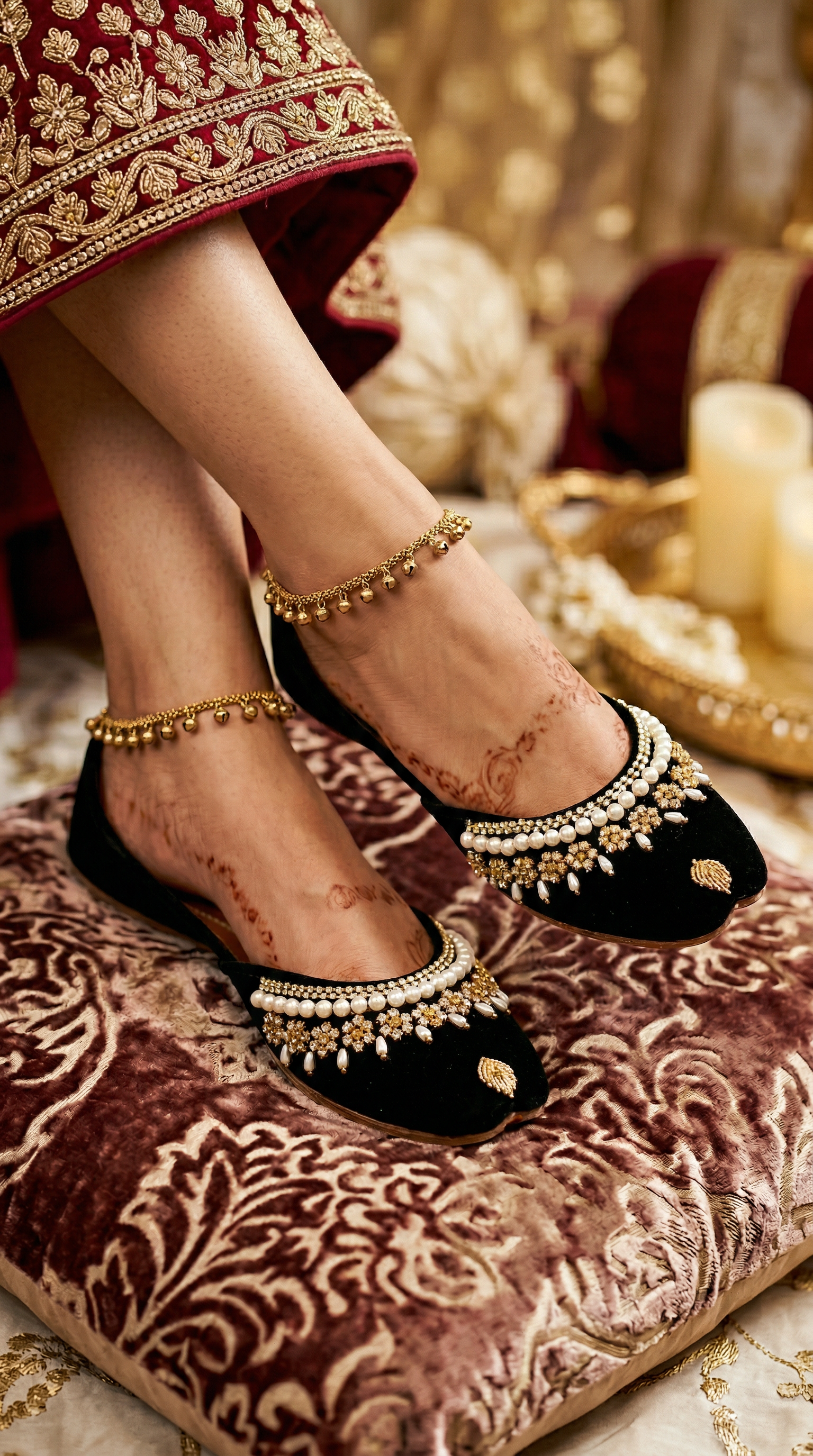 Elegant handmade black velvet Punjabi Jutti with pearl and gold diamante embellishment and soft padded sole