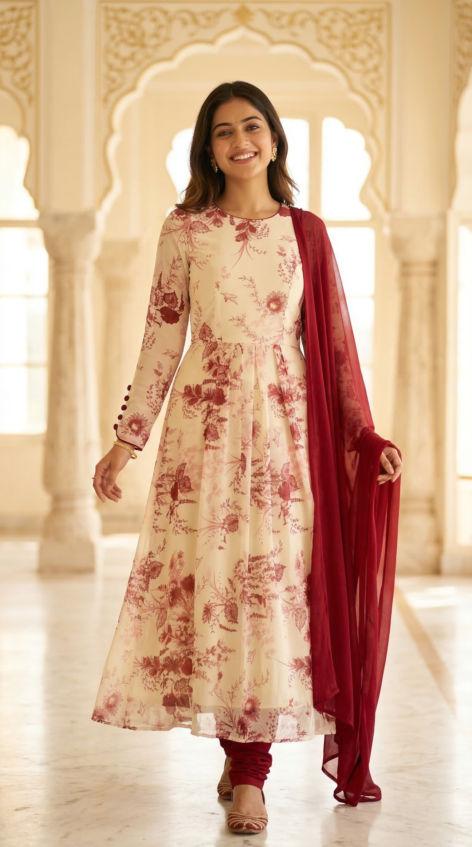 Cream Box Pleat dress with Maroon Print