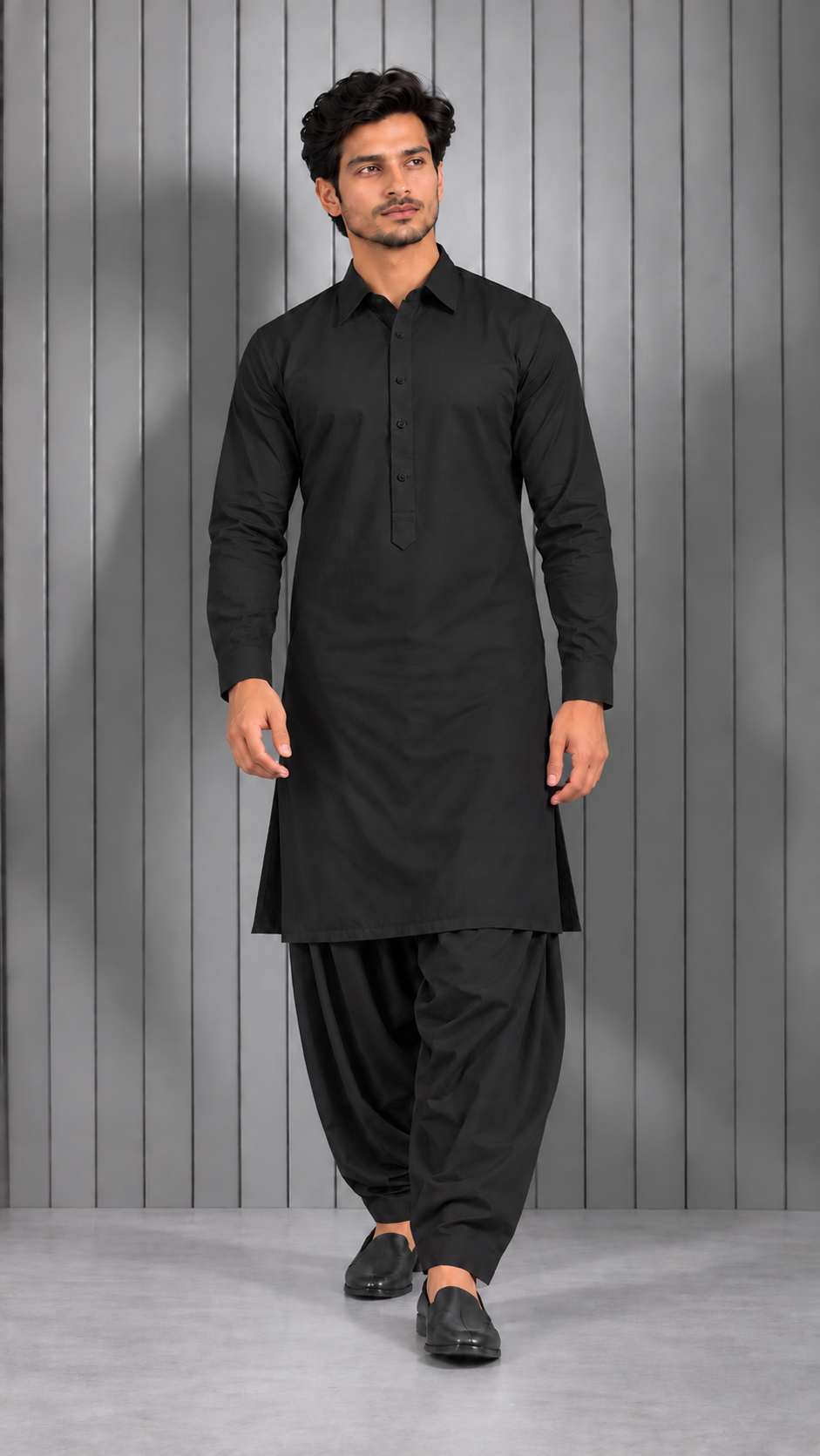Men's Black collar and cuff kurta with shalwar