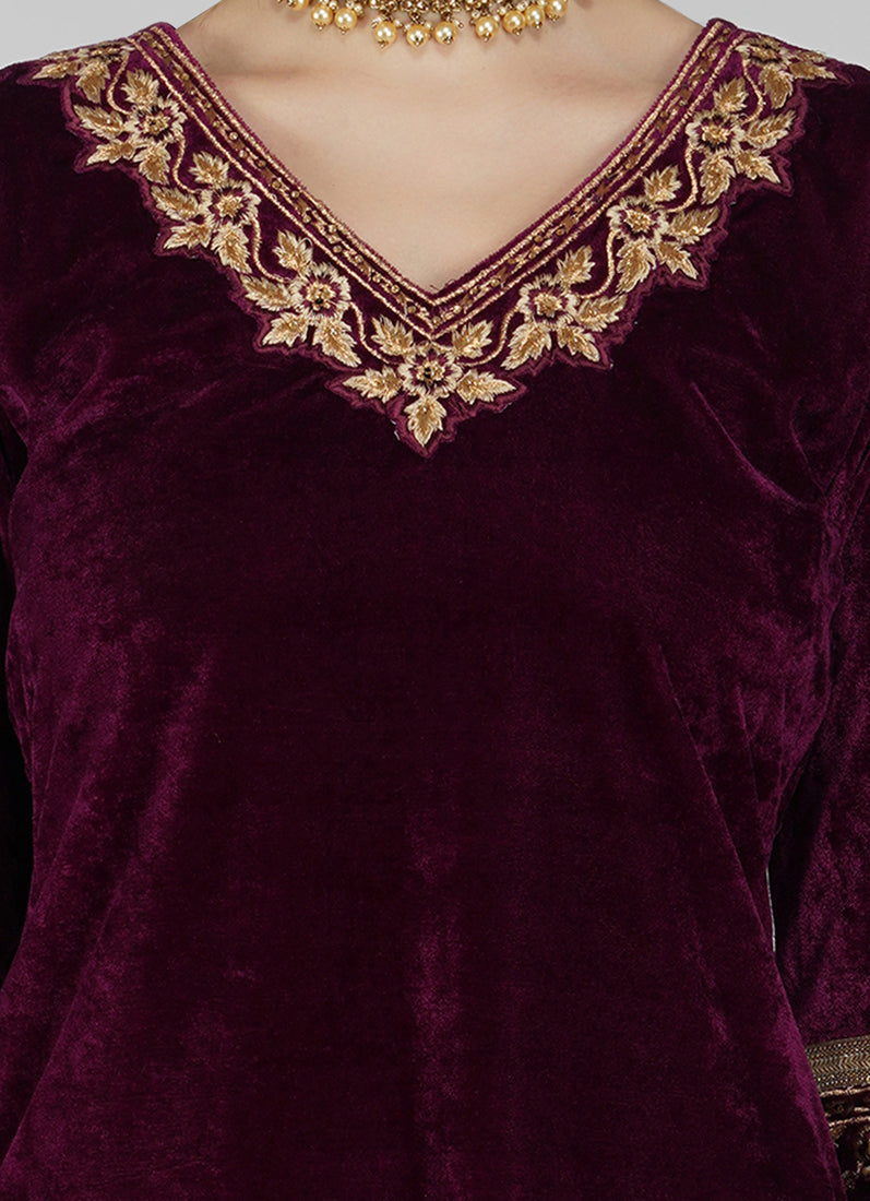 Wine Velvet Straight Cut Trouser Suit Set