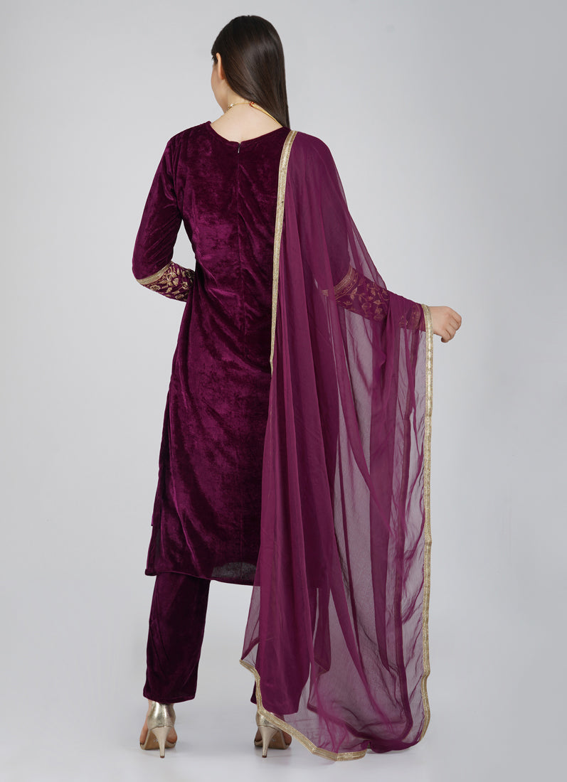 Wine Velvet Straight Cut Trouser Suit Set