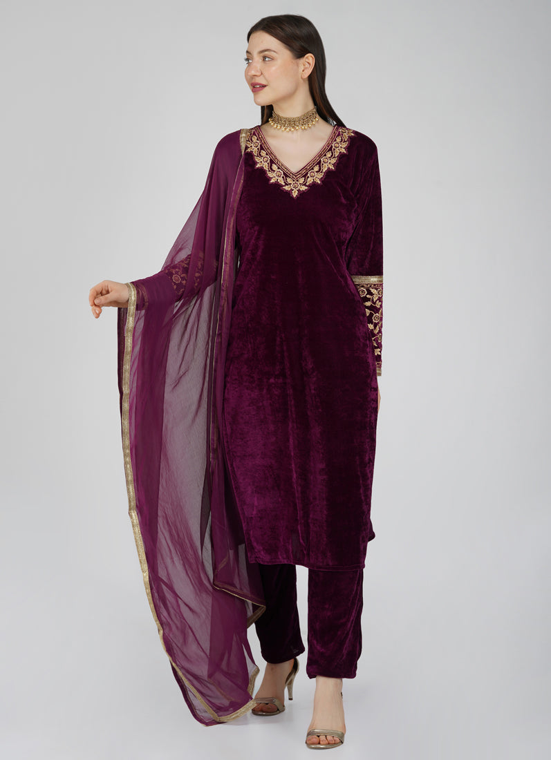 Wine Velvet Straight Cut Trouser Suit Set