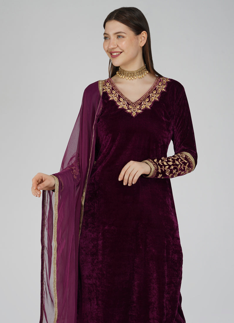 Wine Velvet Straight Cut Trouser Suit Set