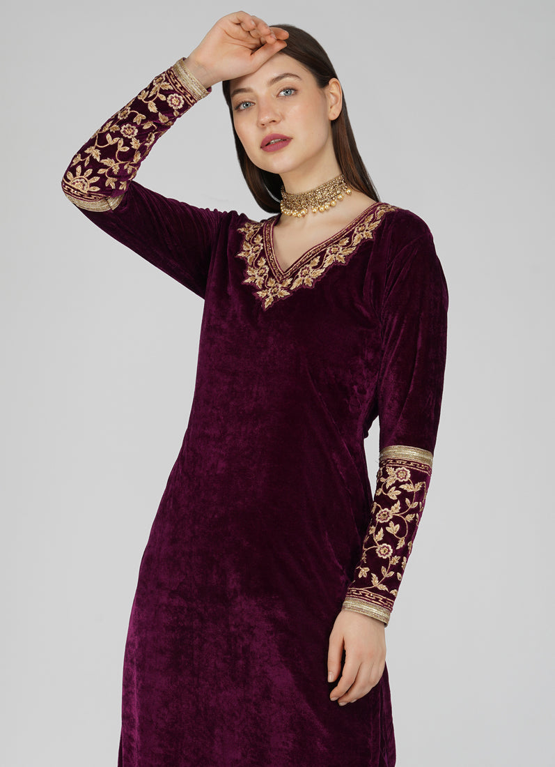 Wine Velvet Straight Cut Trouser Suit Set