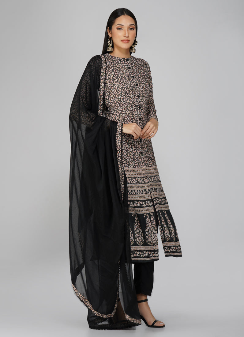 Black Straight Cut With Front Slit Suit Set