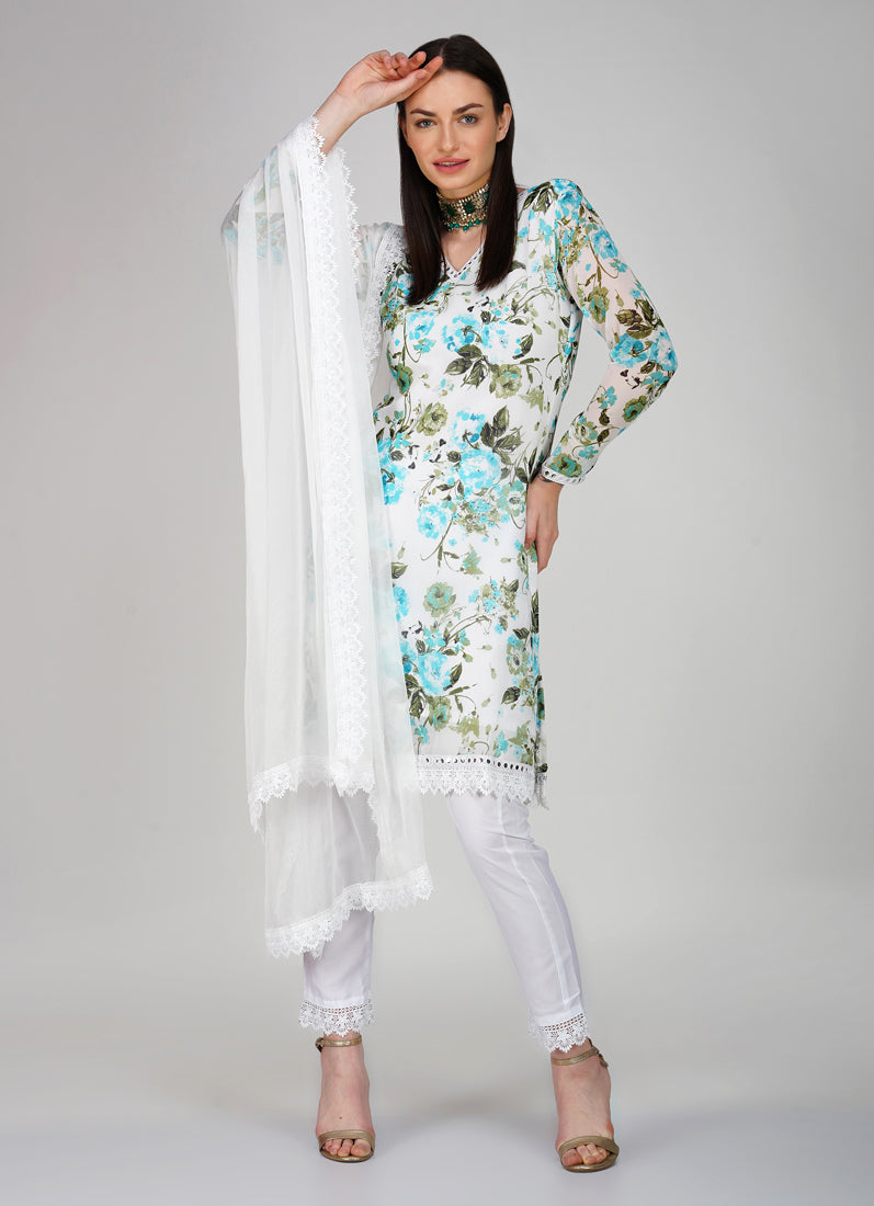 Off- White Georgette Shift Style Trouser Suit Set