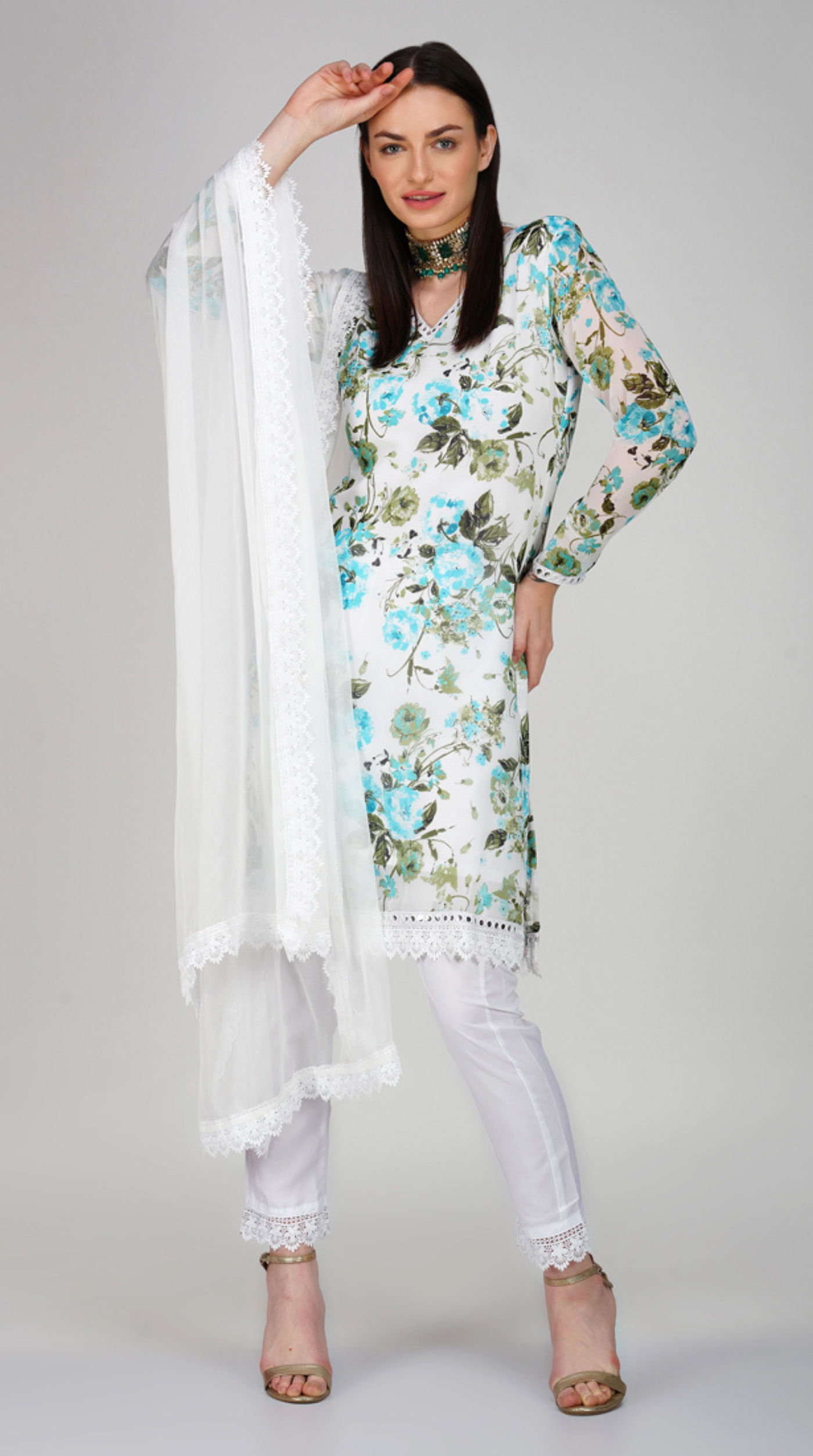 Off- White Georgette Shift Style Trouser Suit Set