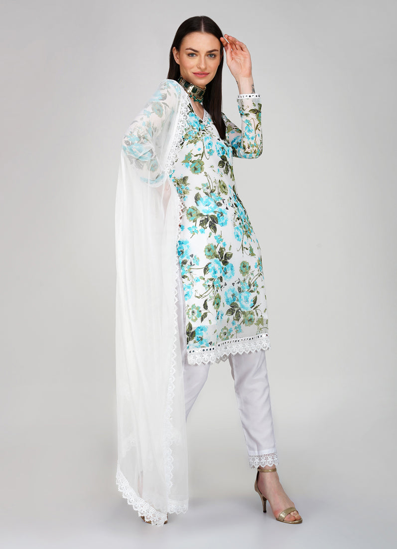 Off- White Georgette Shift Style Trouser Suit Set