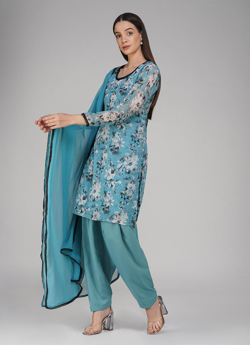 Blue Georgette Floral Printed Salwar Suit Set