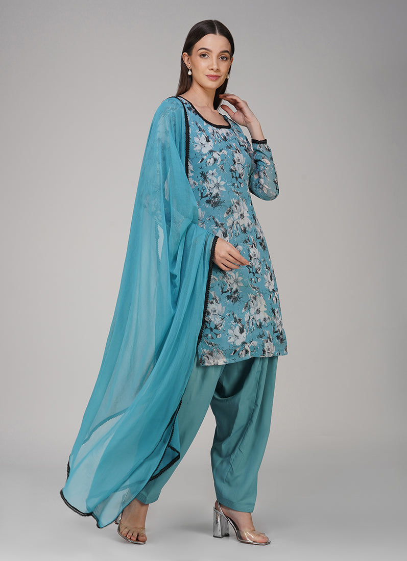 Blue Georgette Floral Printed Salwar Suit Set