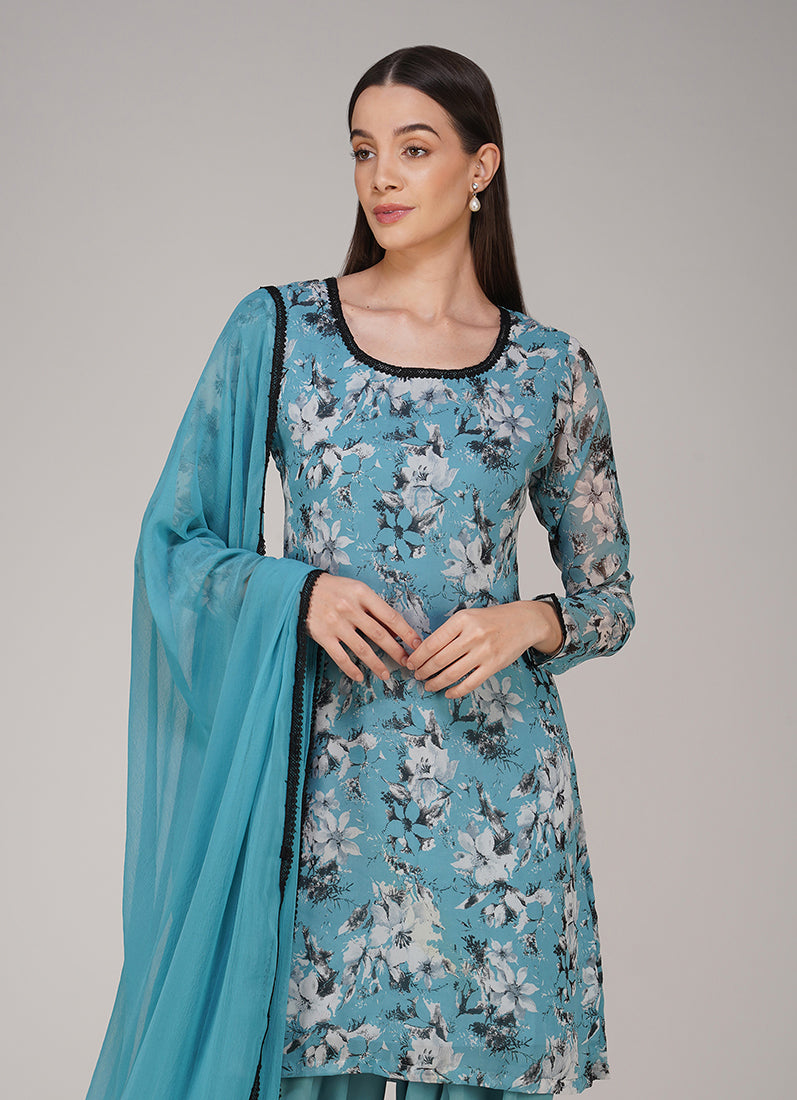 Blue Georgette Floral Printed Salwar Suit Set