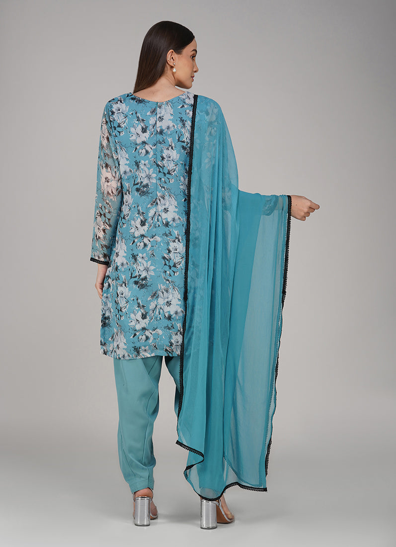 Blue Georgette Floral Printed Salwar Suit Set