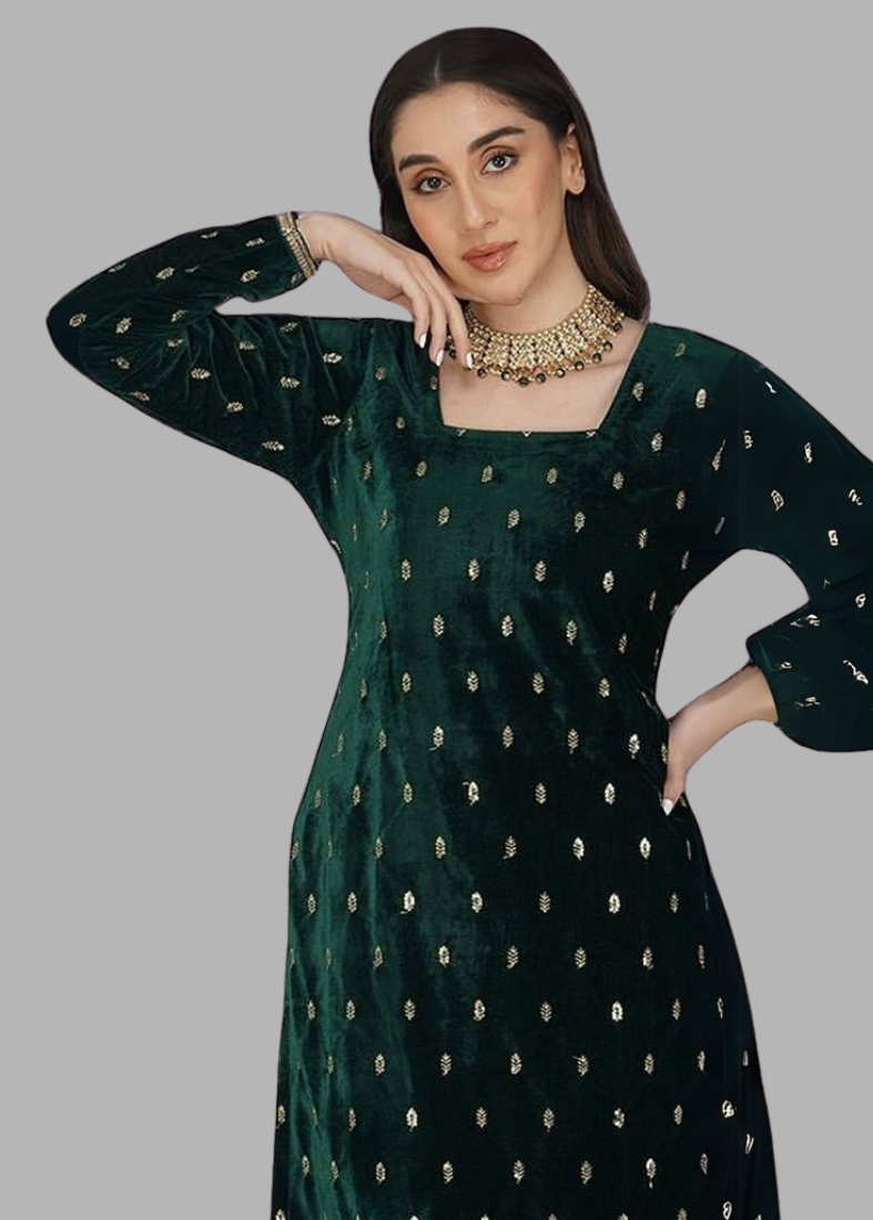 Dark Green Velvet Butti Embroidered Suit Set