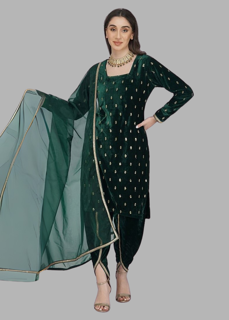 Dark Green Velvet Butti Embroidered Suit Set