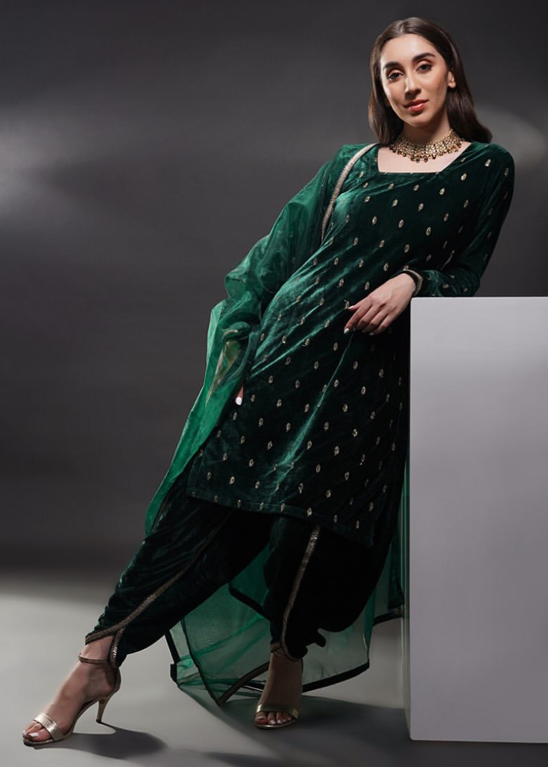 Dark Green Velvet Butti Embroidered Suit Set