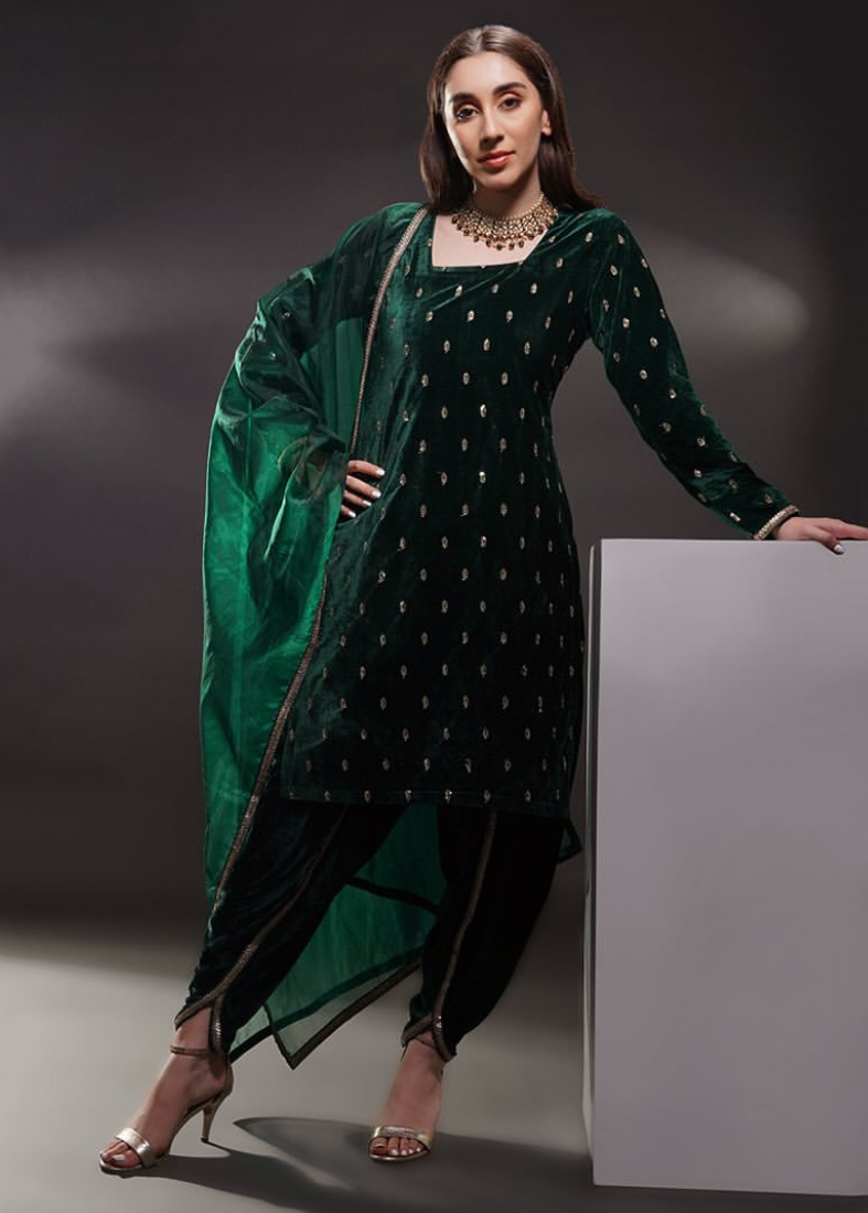 Dark Green Velvet Butti Embroidered Suit Set