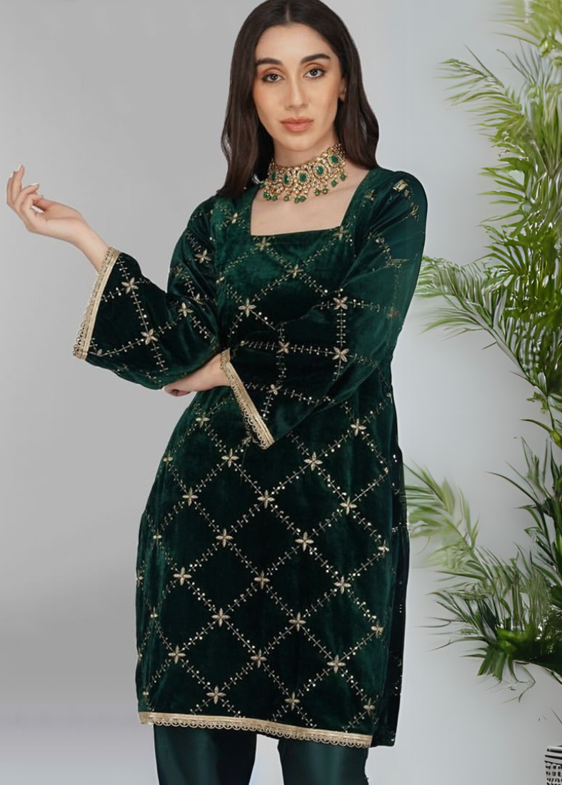 Dark Green Velvet Sequins Embroidered Suit Set