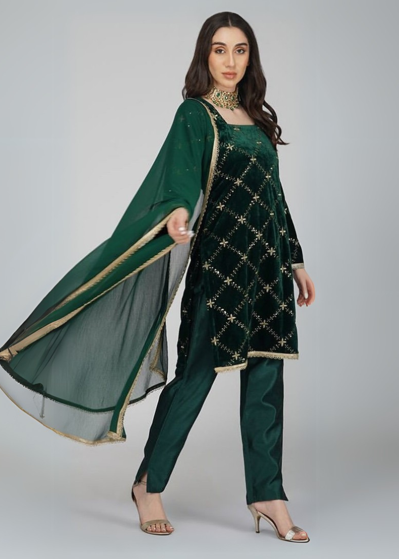 Dark Green Velvet Sequins Embroidered Suit Set