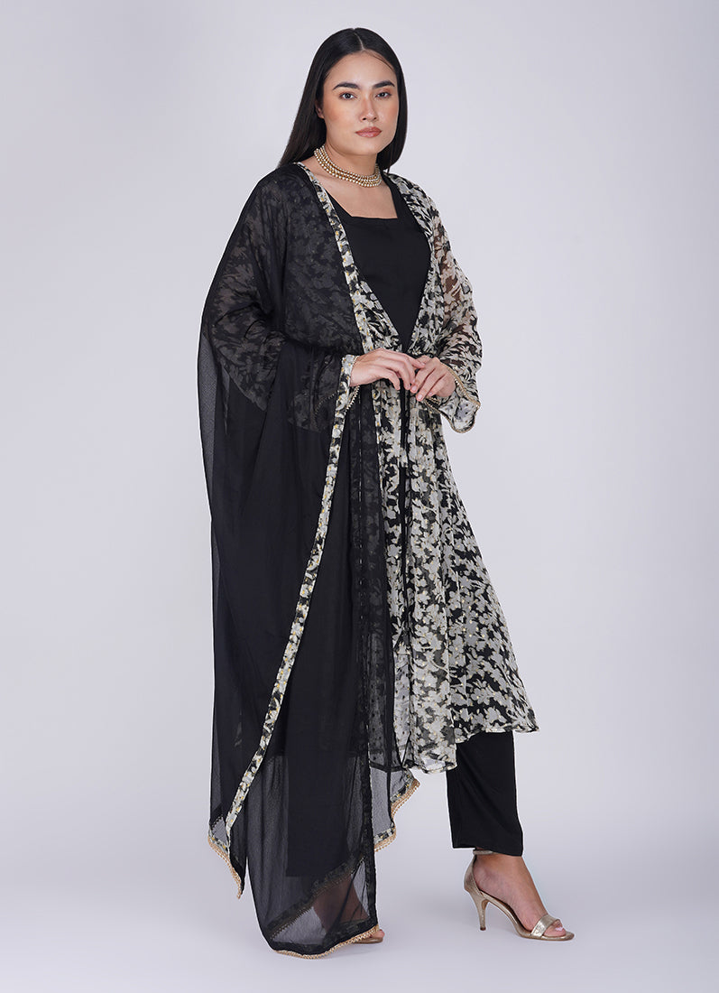 Black Georgette Lurex Print Jacket  Style Suit Set