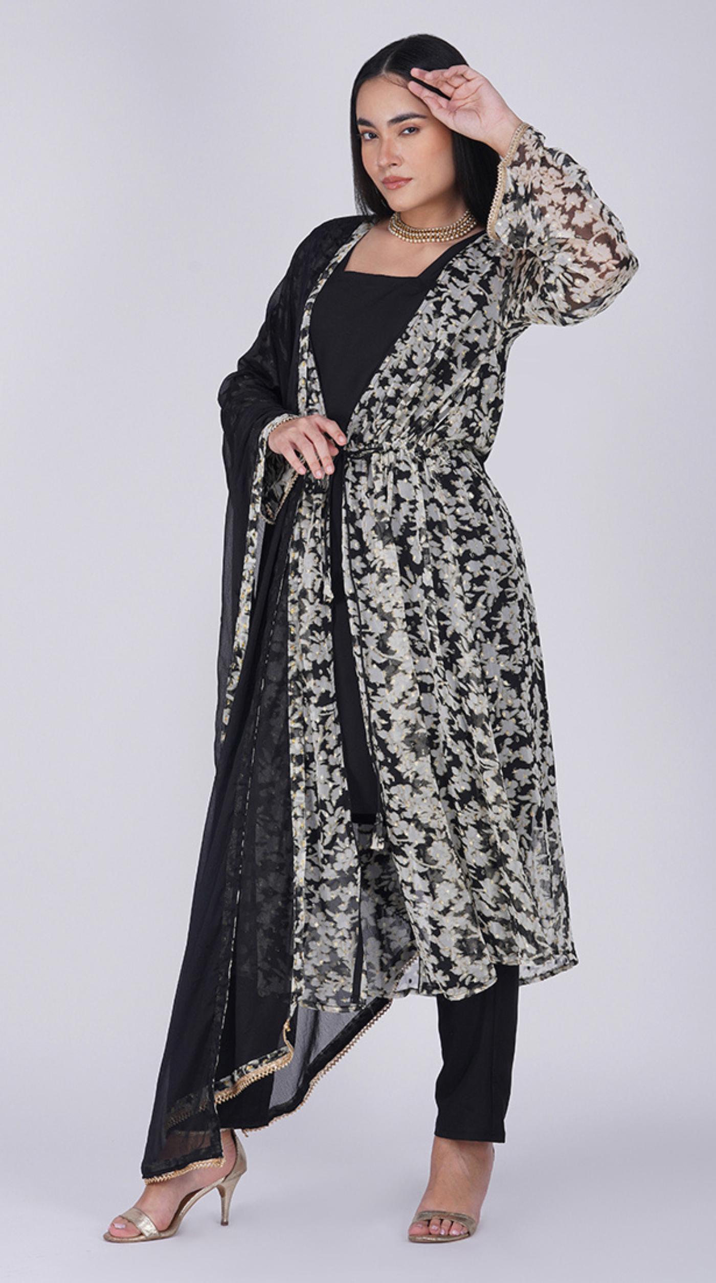Black Georgette Lurex Print Jacket  Style Suit Set