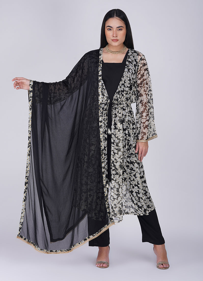 Black Georgette Lurex Print Jacket  Style Suit Set