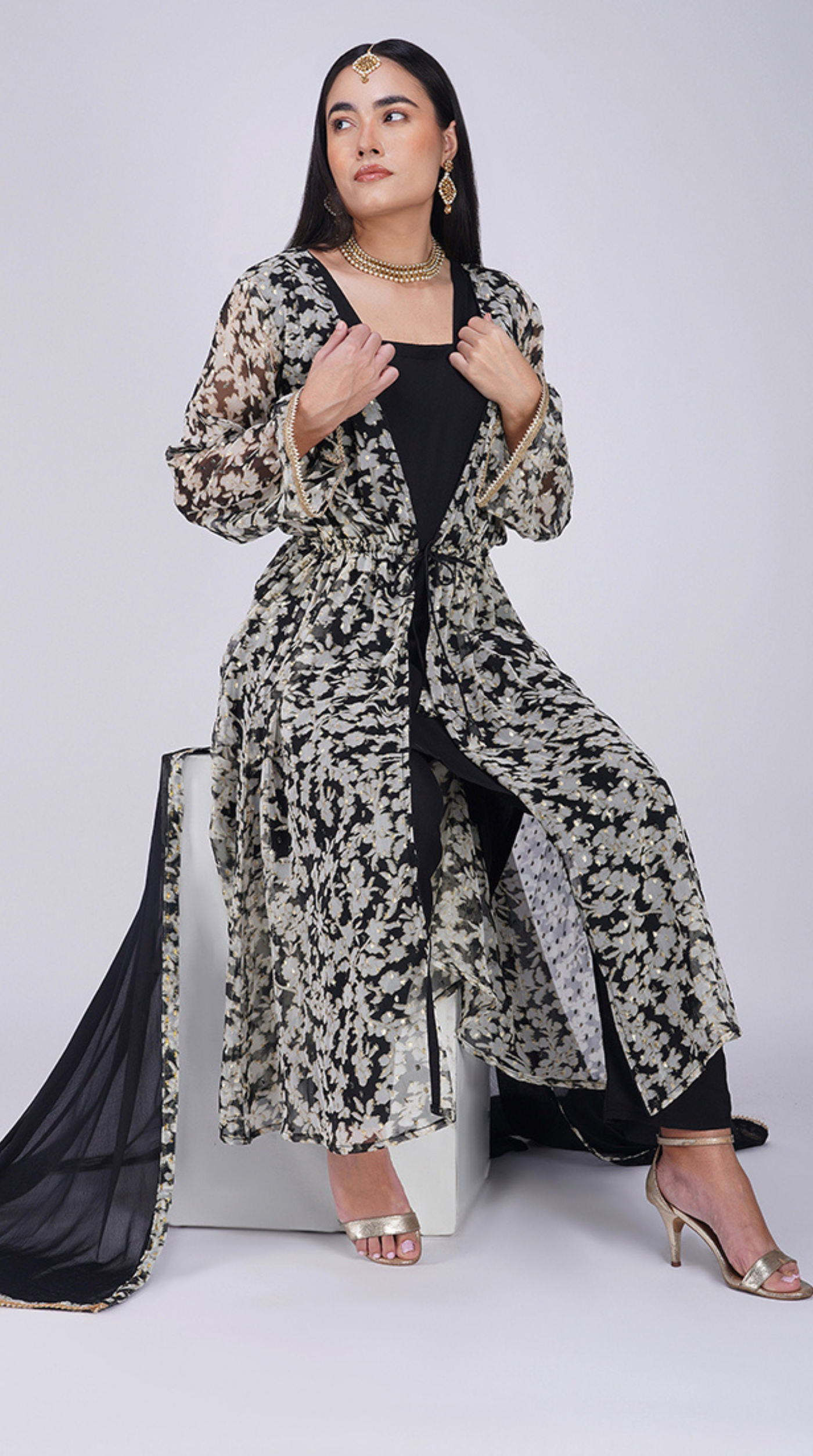 Black Georgette Lurex Print Jacket  Style Suit Set
