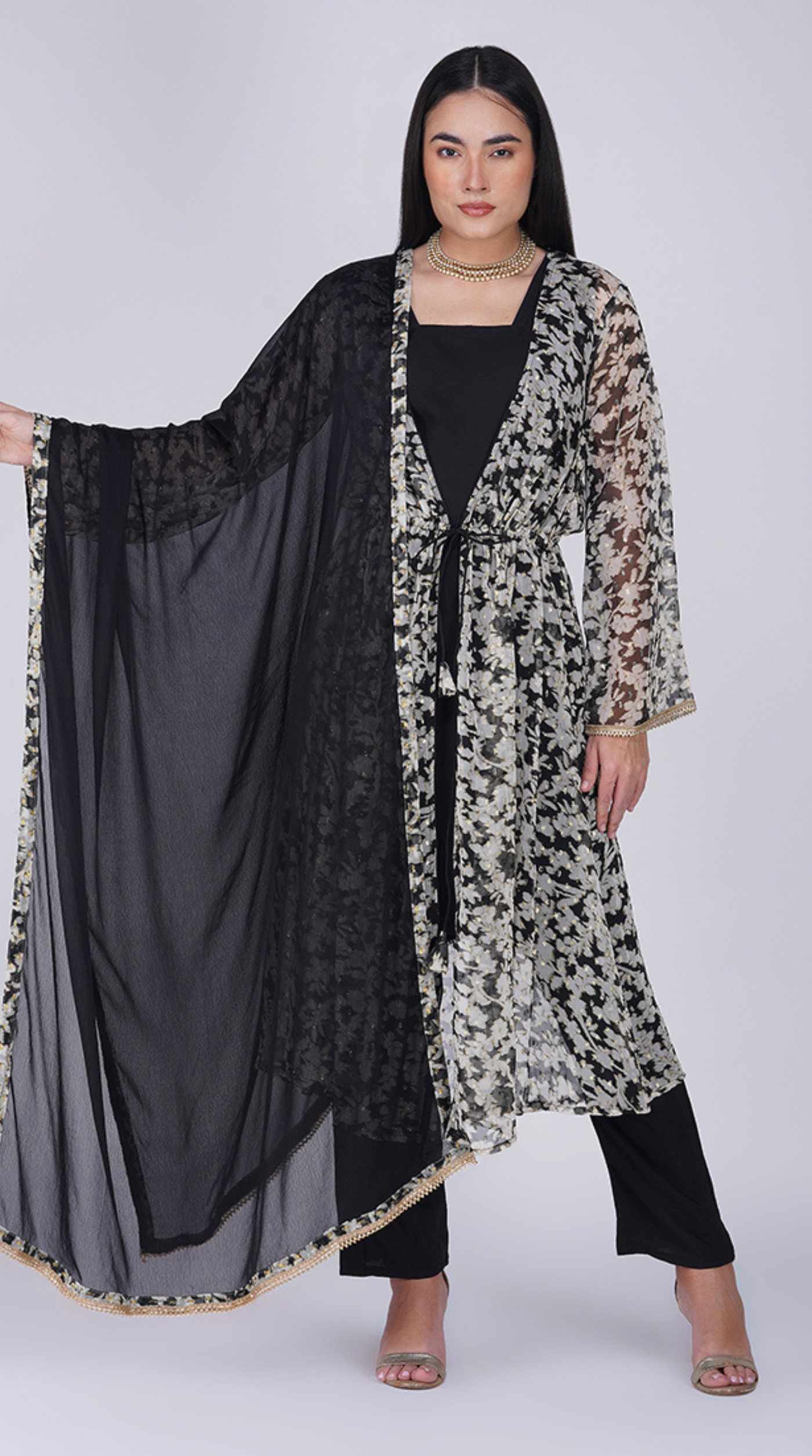 Black Georgette Lurex Print Jacket  Style Suit Set