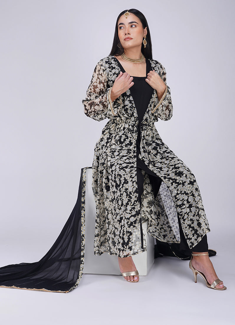 Black Georgette Lurex Print Jacket  Style Suit Set