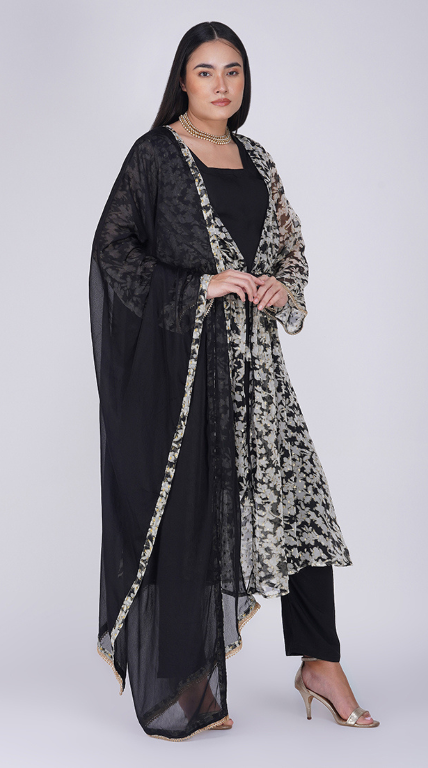 Black Georgette Lurex Print Jacket  Style Suit Set