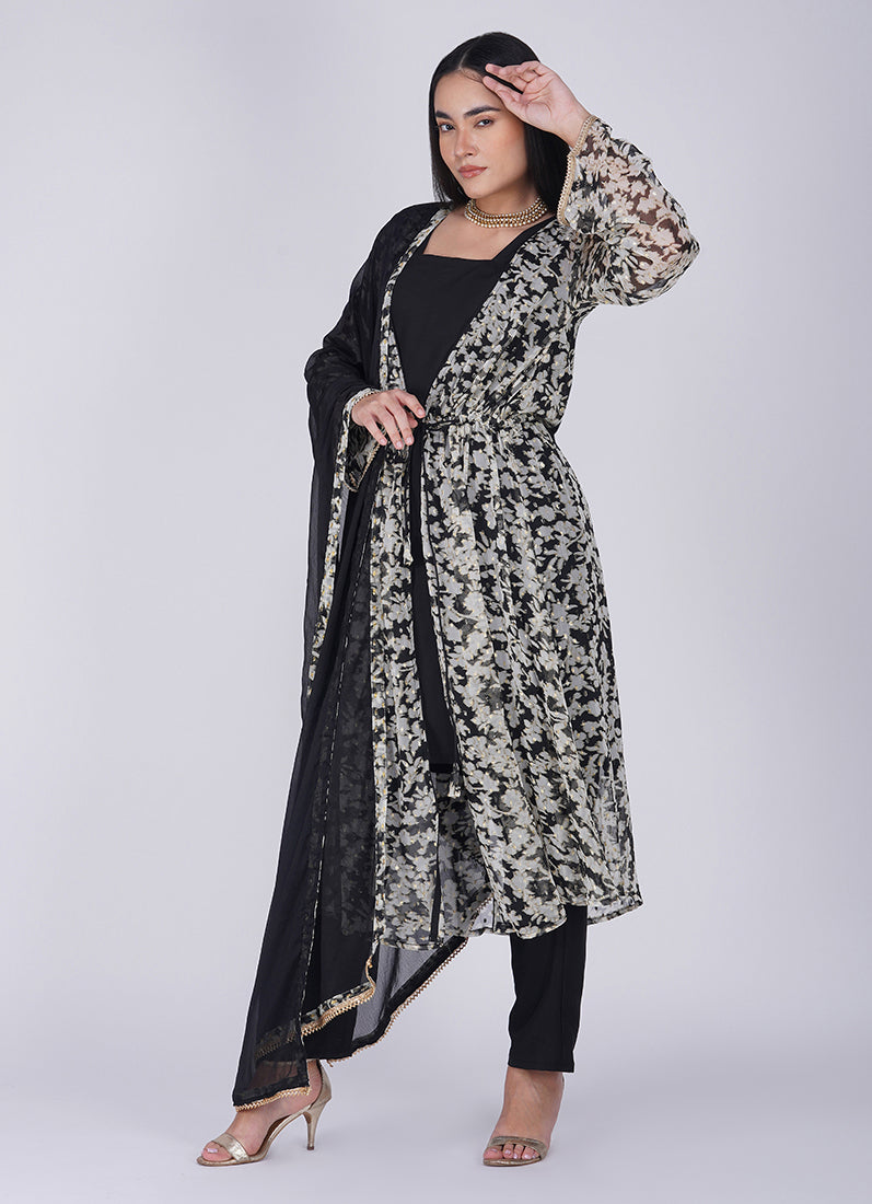 Black Georgette Lurex Print Jacket  Style Suit Set