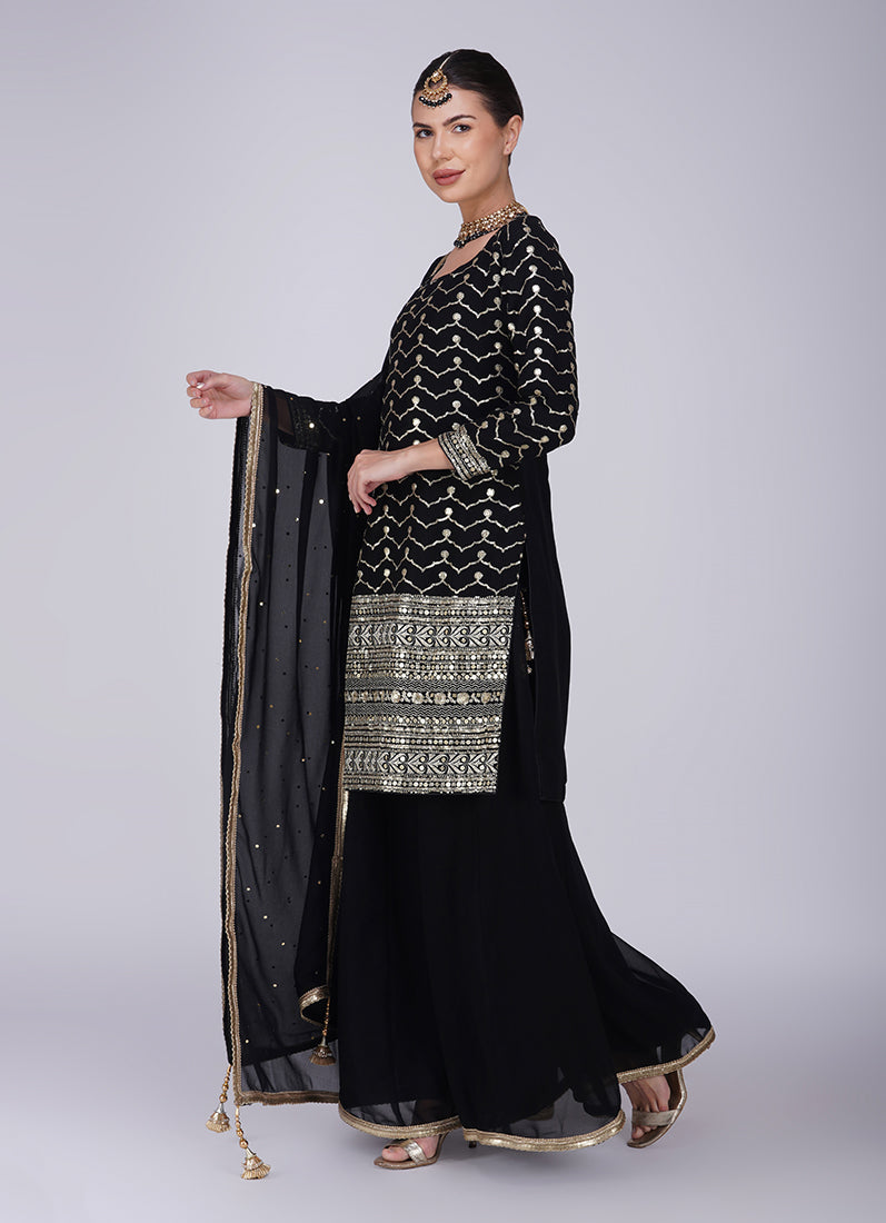 Black Georgette Machine Sequin Embroidered Suit