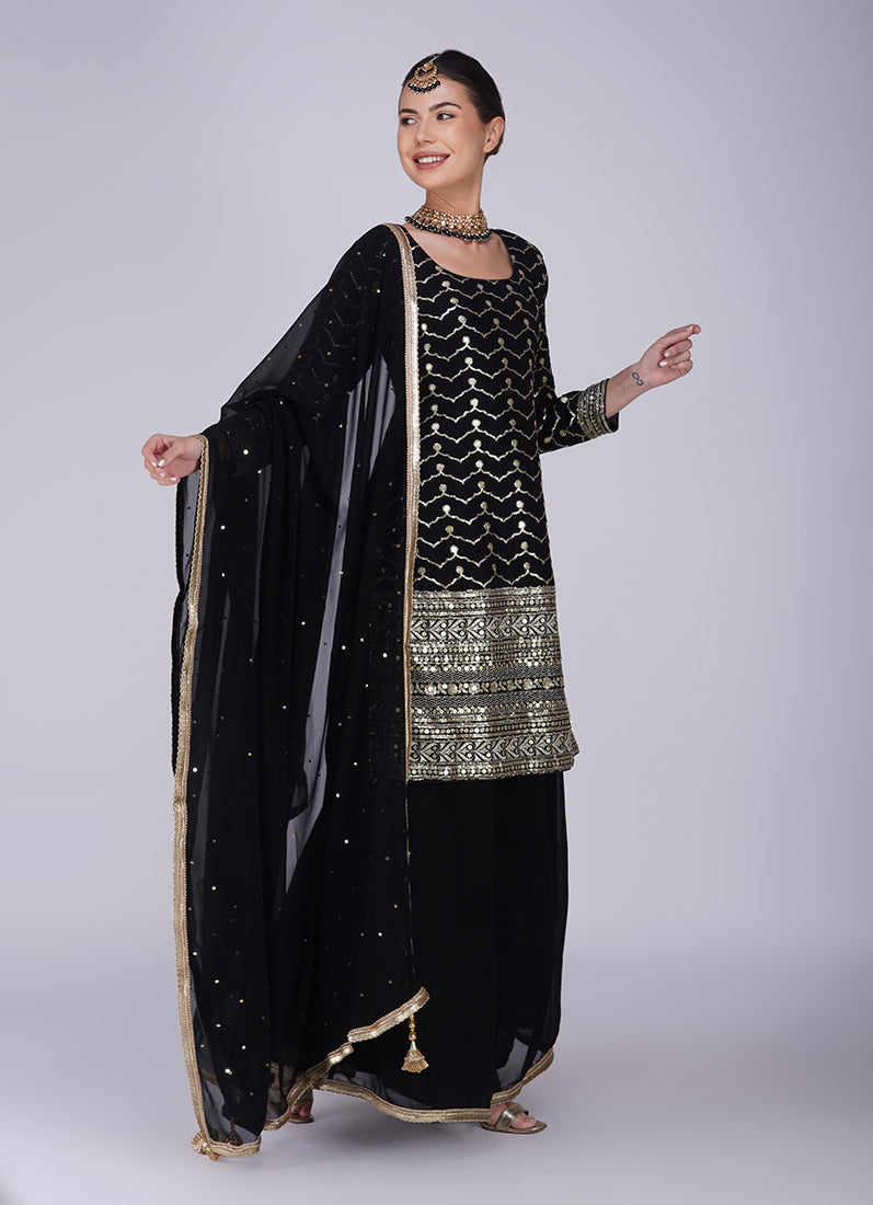 Black Georgette Machine Sequin Embroidered Suit