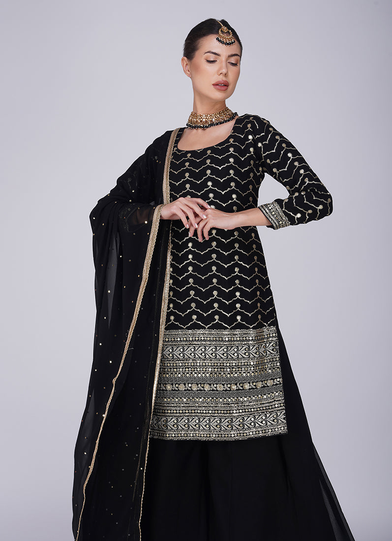 Black Georgette Machine Sequin Embroidered Suit