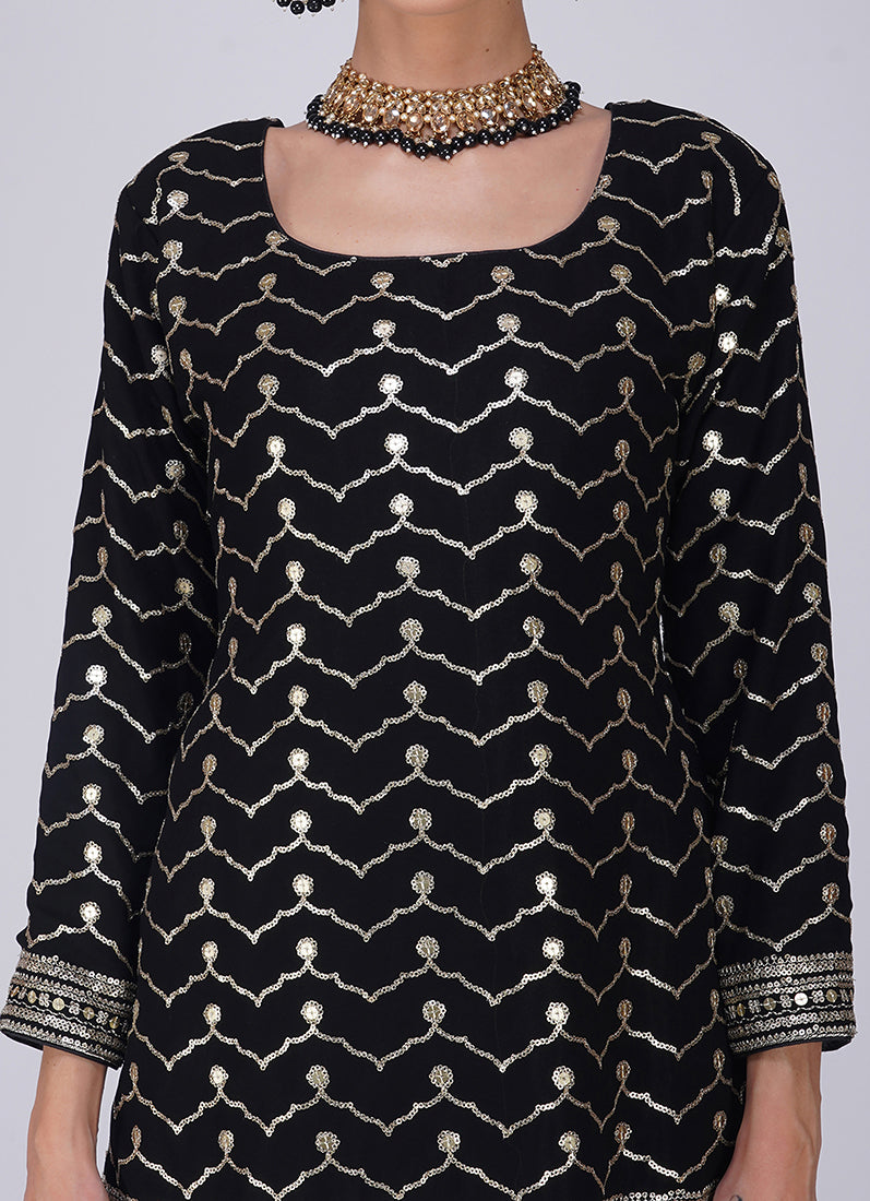 Black Georgette Machine Sequin Embroidered Suit