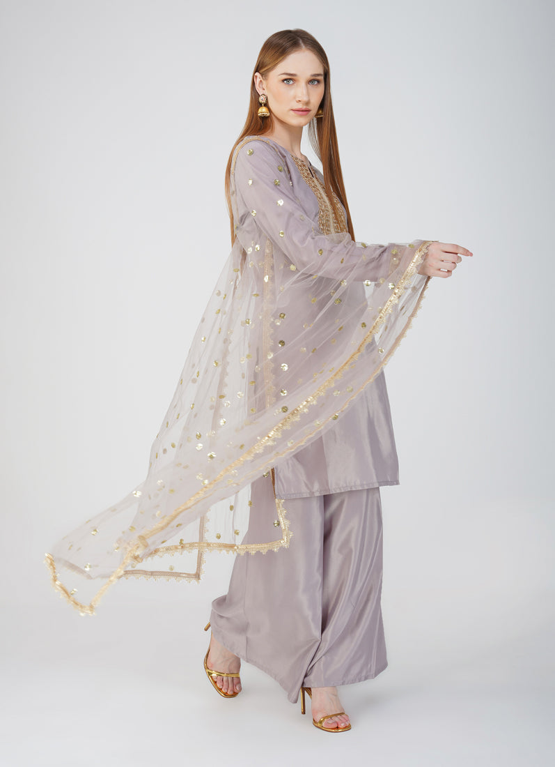 Grey Embroidered Palazzo Suit Set
