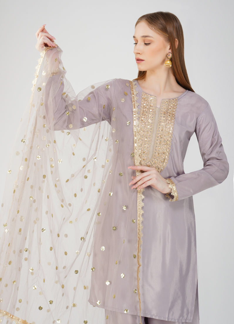Grey Embroidered Palazzo Suit Set