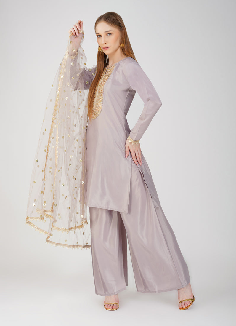Grey Embroidered Palazzo Suit Set