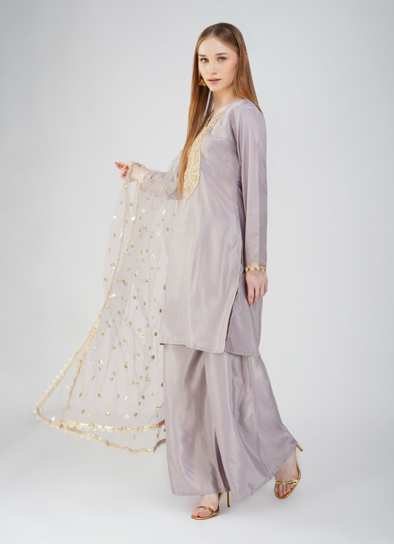 Grey Embroidered Palazzo Suit Set