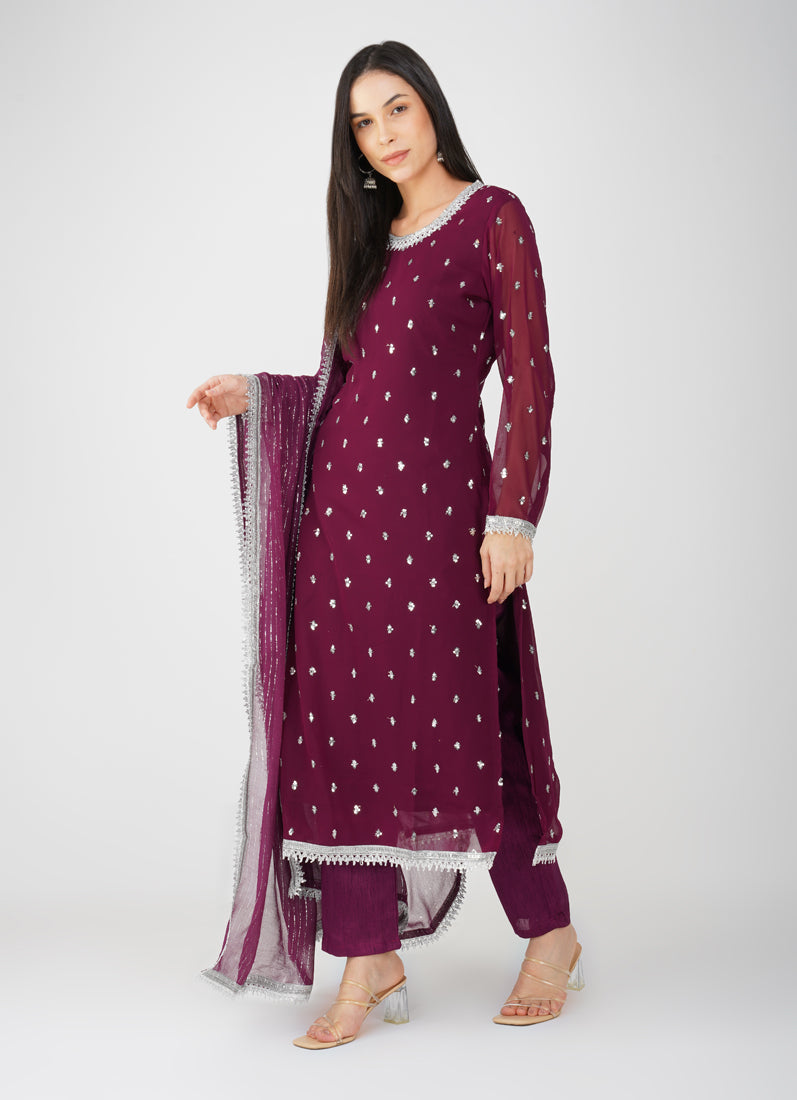 Wine Georgette Jacquard Straight Cut Suit Set