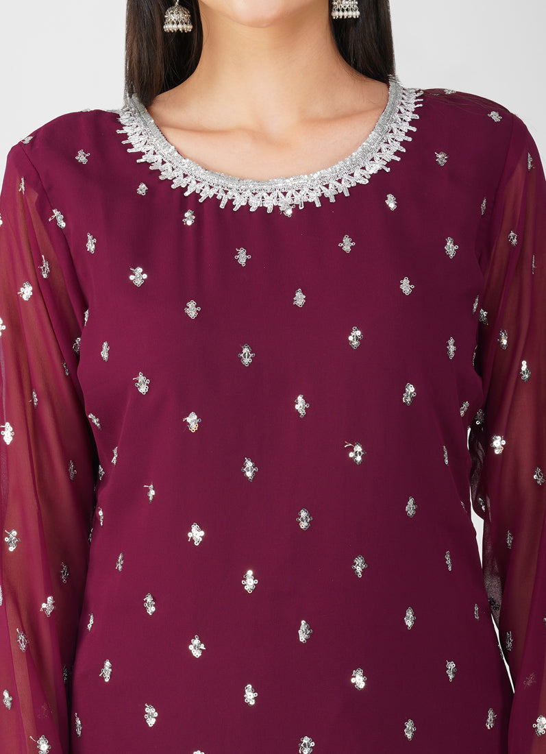 Wine Georgette Jacquard Straight Cut Suit Set