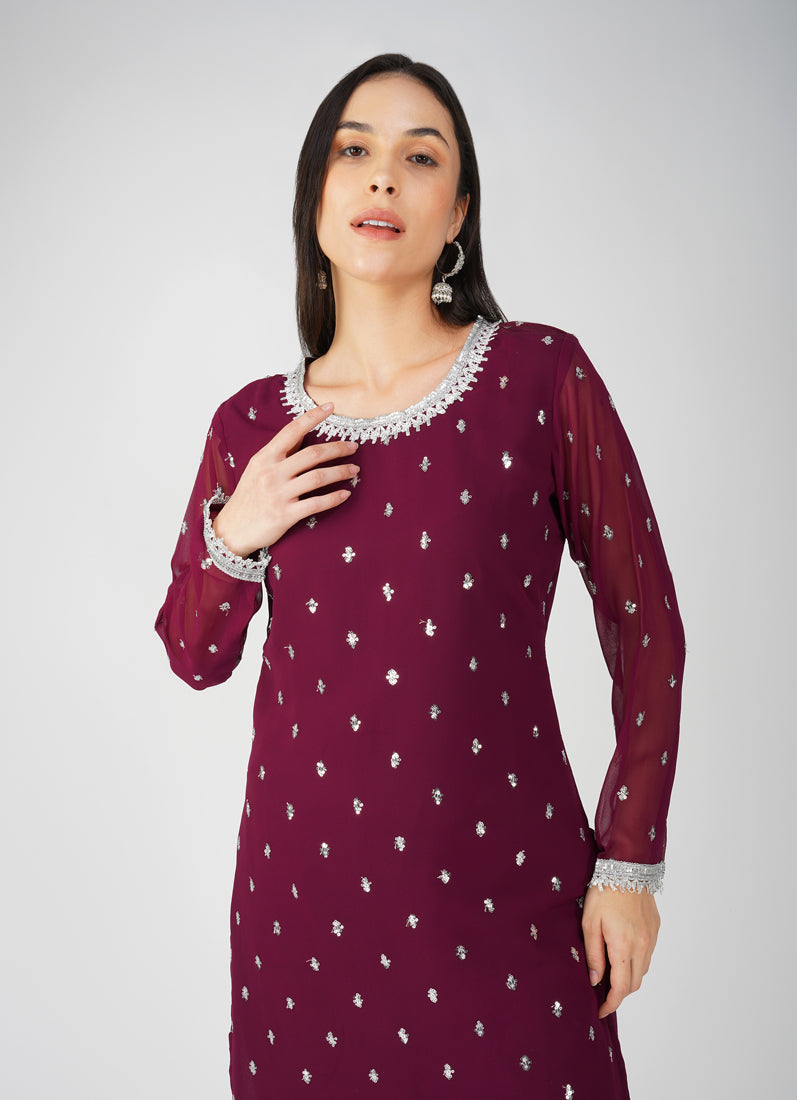 Wine Georgette Jacquard Straight Cut Suit Set