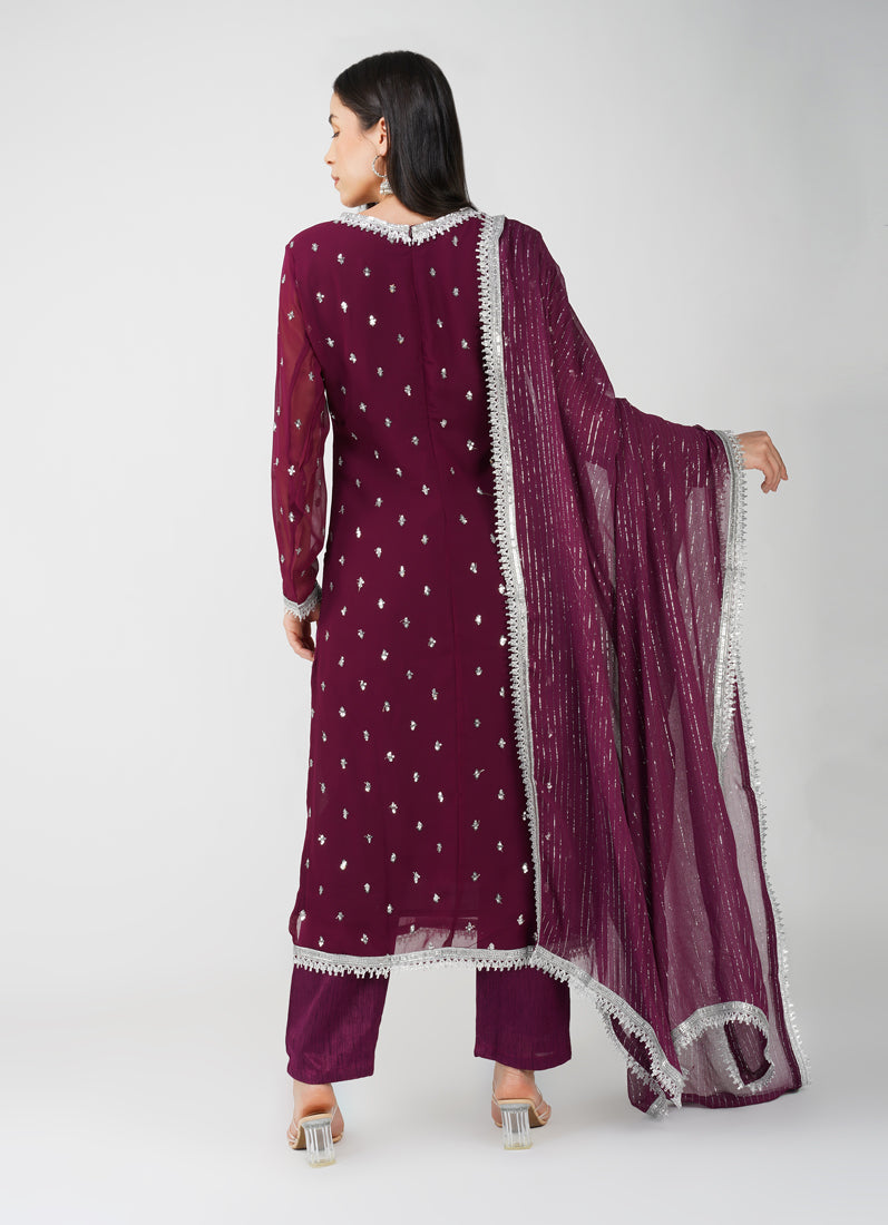 Wine Georgette Jacquard Straight Cut Suit Set