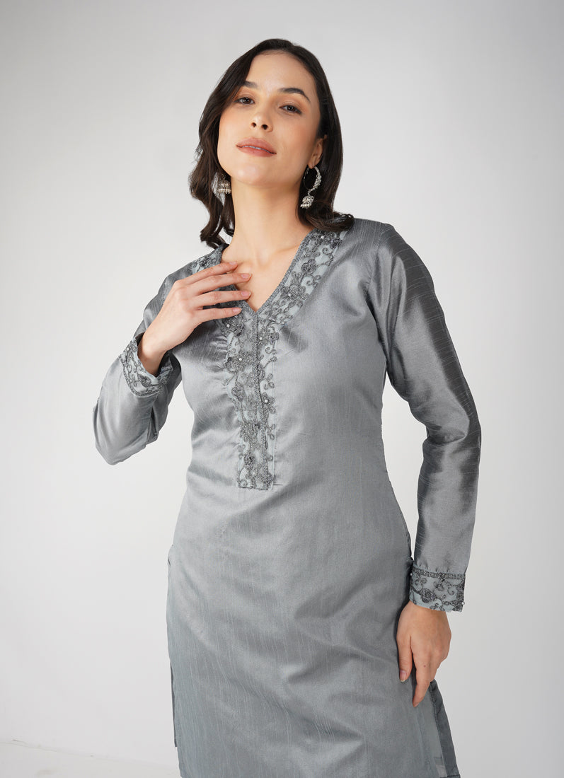 Grey Dupion Zari Embroidered Suit Set