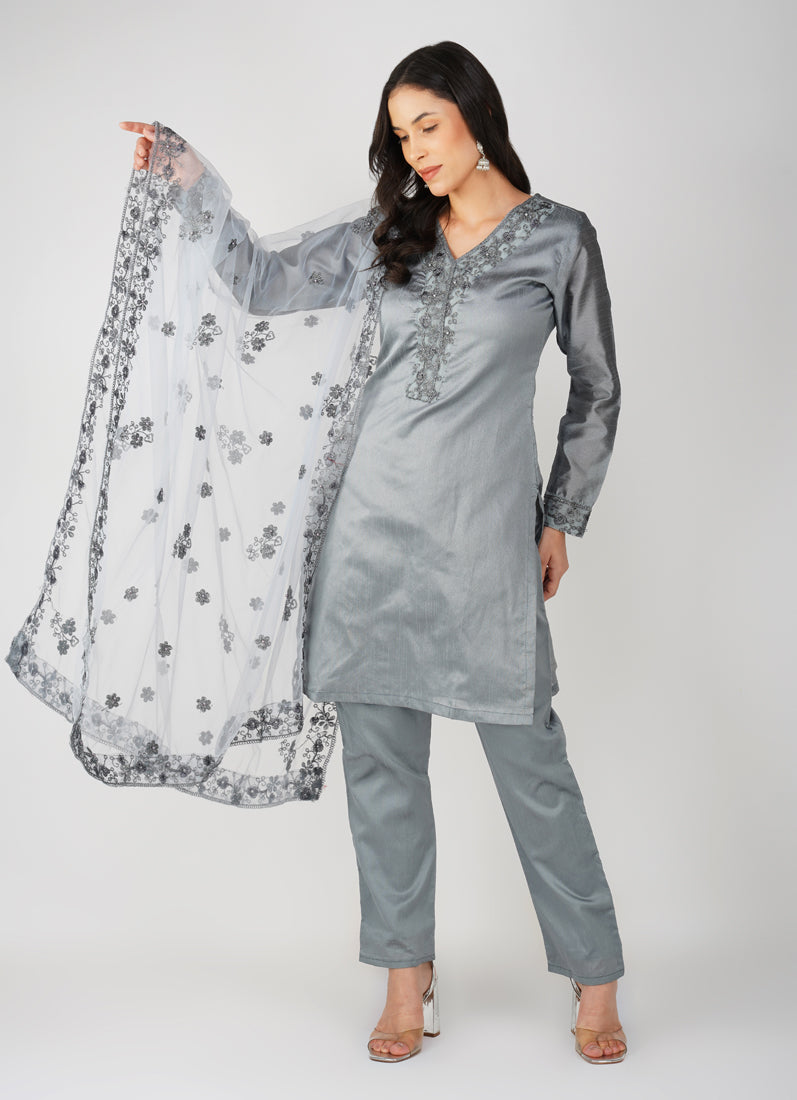 Grey Dupion Zari Embroidered Suit Set