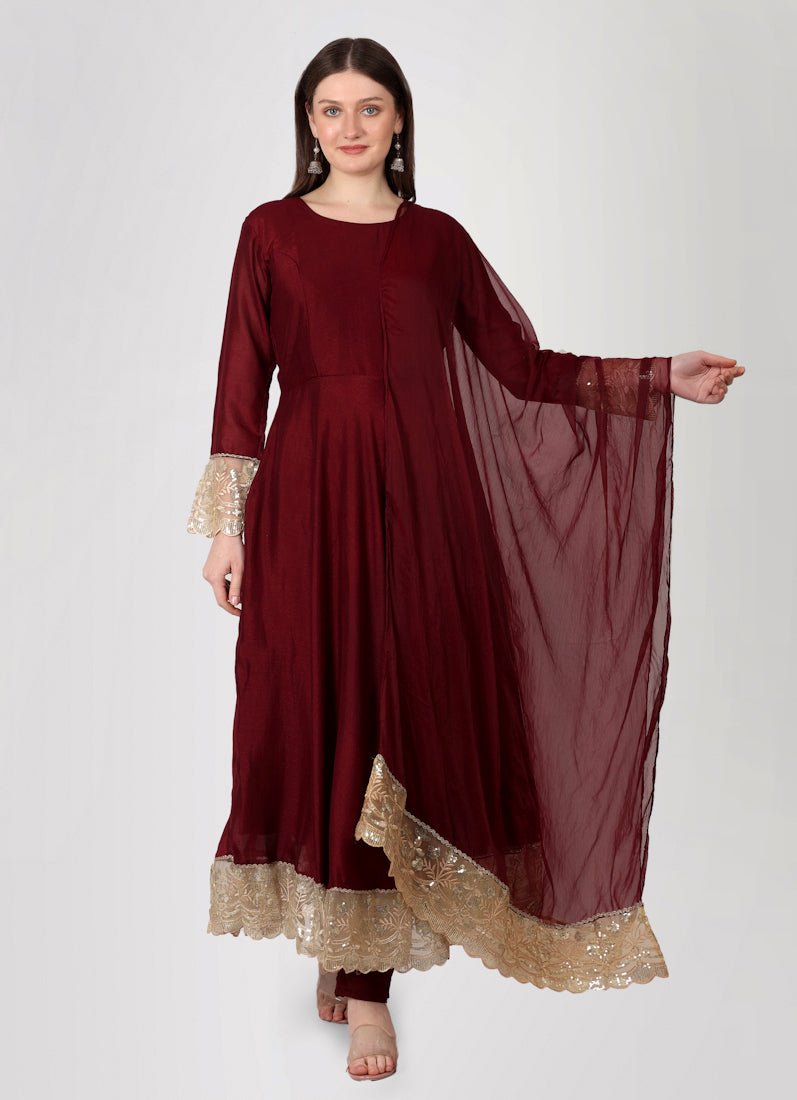 Maroon Georgette Vichitra Bias Cut Suit Set