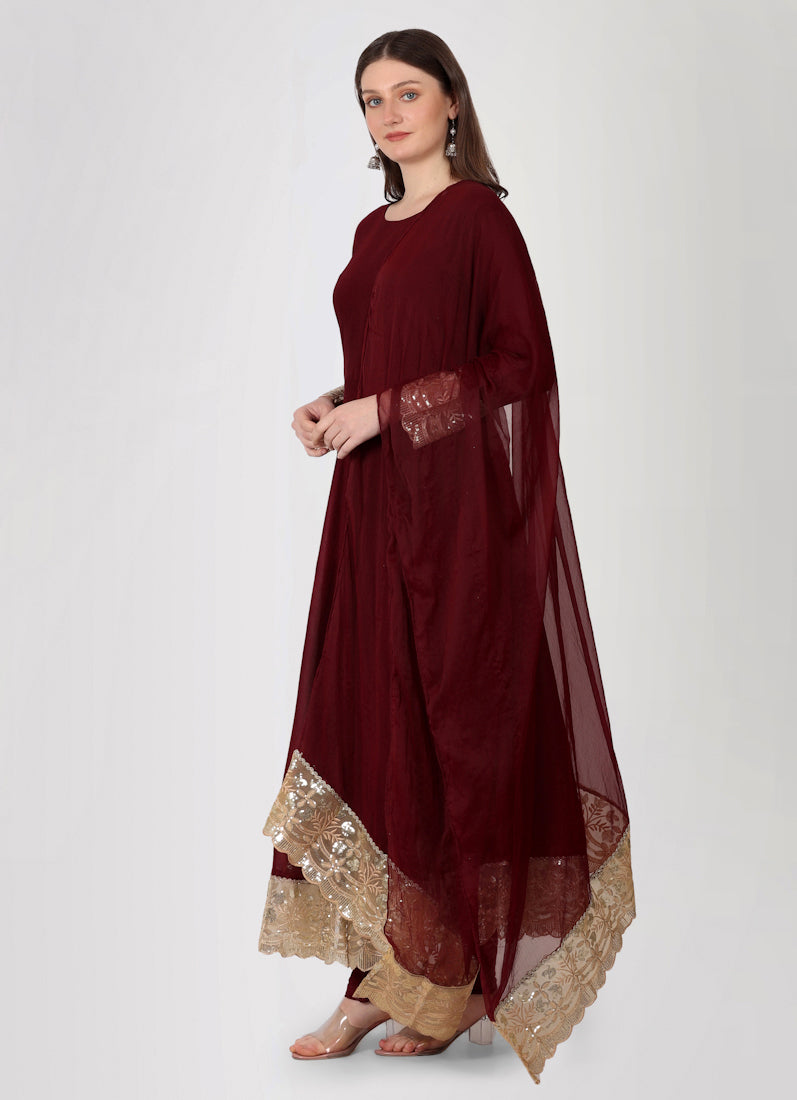 Maroon Georgette Vichitra Bias Cut Suit Set